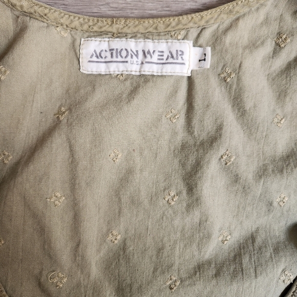 Action Wear Sage‎ Green Vest L Vintage Quilt Pattern Fringe Embroidered Crushed - Picture 3 of 13